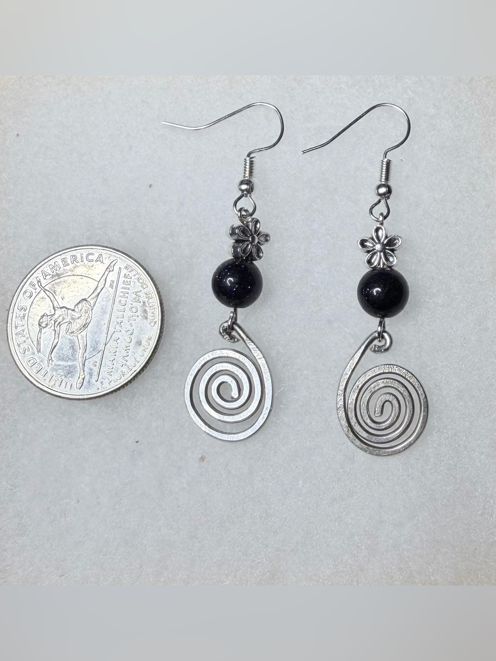 ✨Handmade✨ Silver-Tone Floral Spiral Earrings w/ Blue Beads - Hypoallergenic